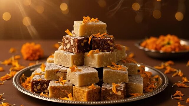 festive stack of indian sweets, barfi and mithai, on silver tray with marigold petals. warm, celebratory mood for diwali or raksha bandhan. greeting card, banner, invitation with copy space.