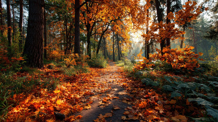 Serene forest path is covered with vibrant orange and red autumn leaves, creating picturesque scene. Sunlight filters through trees, casting warm glow and enhancing peaceful atmosphere