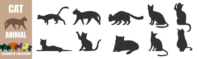 Cat silhouettes set. Various poses of domestic feline animals vector illustration on transparent background