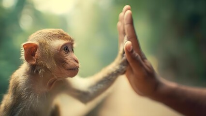 A young monkey giving a high-five to a human hand. Concept Playful animal-human interaction, Monkey high-five with a human hand, Curious young monkey, Friendly wildlife moment, Cute primate encounter