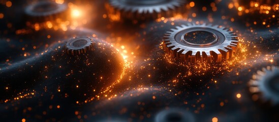 Glowing metal gears on dark surface.