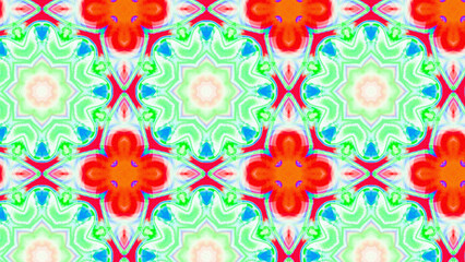 Seamless psychedelic kaleidoscope pattern with neon green, pink and orange mandala symmetry