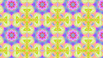 Seamless psychedelic kaleidoscope pattern with neon green, pink and orange mandala symmetry