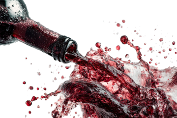 A dynamic close-up captures a dark red liquid pouring from a bottle, creating a splash