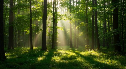 Obraz premium Sunlight streams through lush forest trees creating an ethereal landscape