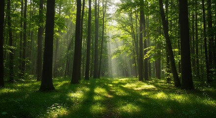 Fototapeta premium Sunlight streams through lush forest trees illuminating green foliage