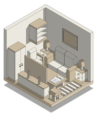 Living room interior. Isometric. Isolated on white background. Vector illustration.