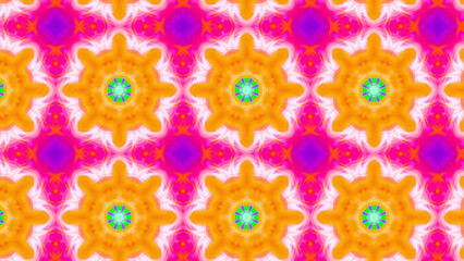 Seamless psychedelic kaleidoscope pattern with neon green, pink and orange mandala symmetry