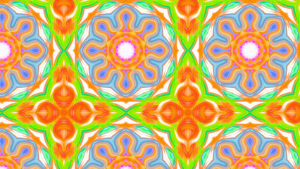 Seamless psychedelic kaleidoscope pattern with neon green, pink and orange mandala symmetry