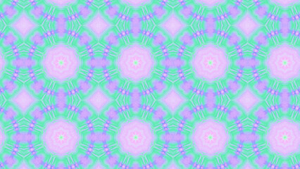 Seamless psychedelic kaleidoscope pattern with neon green, pink and orange mandala symmetry