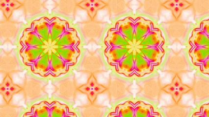 Seamless psychedelic kaleidoscope pattern with neon green, pink and orange mandala symmetry
