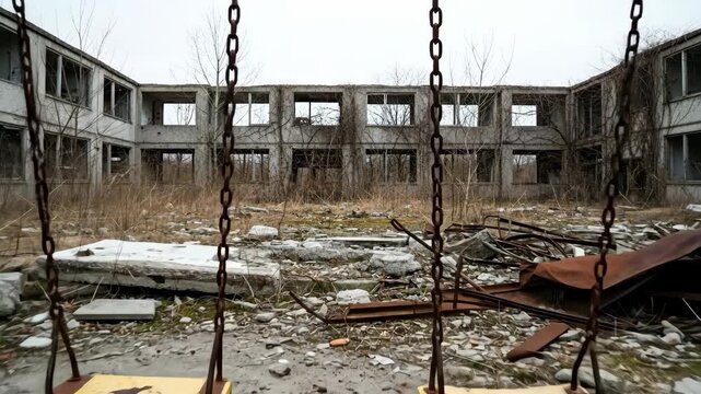 Empty swing set by destroyed building in war zone. Abandoned playground near demolished structure from military conflict footage.