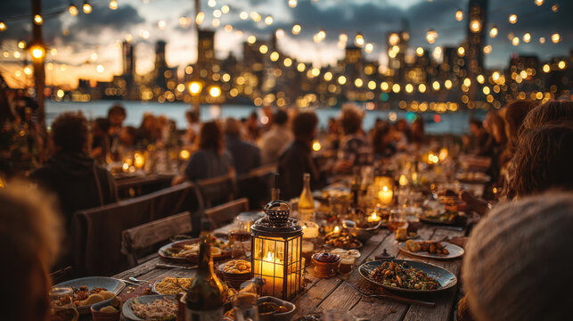 Lively outdoor dinner party with people gathered around long wooden table adorned with lanterns and string lights, set against city skyline at dusk. atmosphere is warm and inviting