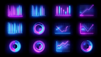 Cutting-edge visualization showcasing intricate statistical representations through luminescent circular and linear graphics. Dynamic blue and purple neon elements