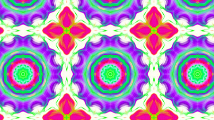 Seamless psychedelic kaleidoscope pattern with neon green, pink and orange mandala symmetry