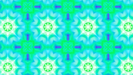Seamless psychedelic kaleidoscope pattern with neon green, pink and orange mandala symmetry