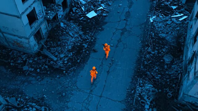 Two men in orange special forces uniform???? through destroyed city, with a firearm, aerial view, conflict zone footage