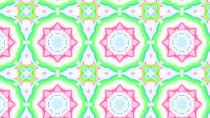 Seamless psychedelic kaleidoscope pattern with neon green, pink and orange mandala symmetry