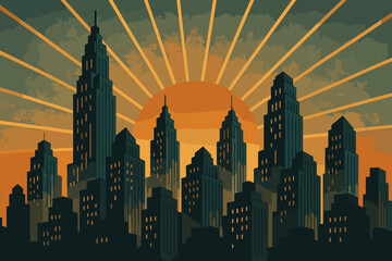 Illustration deco dusk vector skyline windows skyscrapers geometric tiered behind art radiating
