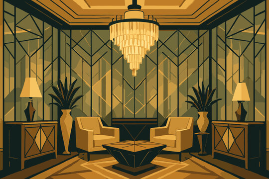 Chandelier mirrored vector stylized art geometric crystal furniture interior glamorous deco illustration