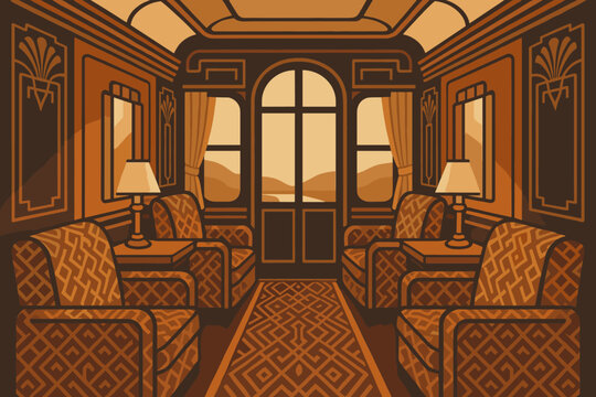 Symmetrical art train vector car brass upholstery deco tall wall illustration luxury