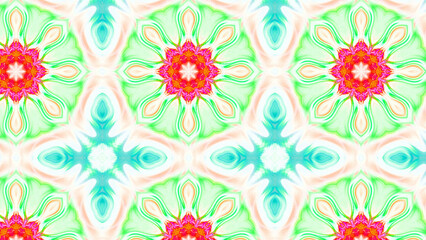 Seamless psychedelic kaleidoscope pattern with neon green, pink and orange mandala symmetry