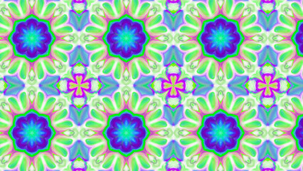 Seamless psychedelic kaleidoscope pattern with neon green, pink and orange mandala symmetry