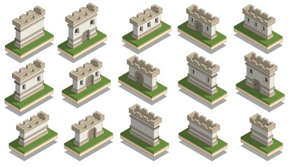 Set of castle walls. Isometric. Isolated on white background. Vector illustration. 