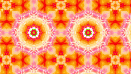 Seamless psychedelic kaleidoscope pattern with neon green, pink and orange mandala symmetry