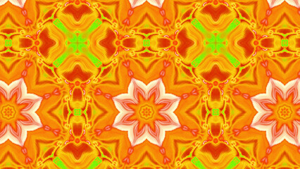 Seamless psychedelic kaleidoscope pattern with neon green, pink and orange mandala symmetry