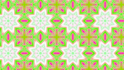 Seamless psychedelic kaleidoscope pattern with neon green, pink and orange mandala symmetry