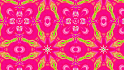Seamless psychedelic kaleidoscope pattern with neon green, pink and orange mandala symmetry