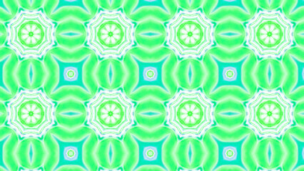 Seamless psychedelic kaleidoscope pattern with neon green, pink and orange mandala symmetry