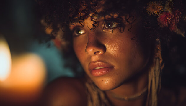 Woman poses in low light. Attractive model with intense gaze has flower bracelet. Girl with curly hairs looks at candle fire. Moody beauty studio portrait on dark backdrop. Mysterious light indoors