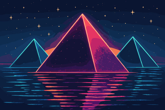 Surreal digital illustration water starry horizon vector glowing scene neon under pyramids