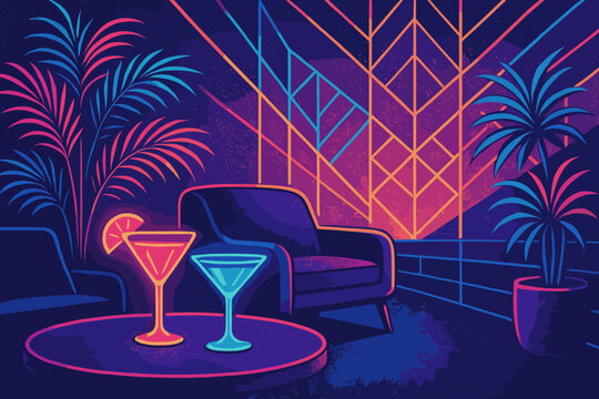 Lounge palm illustration neon vibes futuristic radiating vector plants lights cocktail