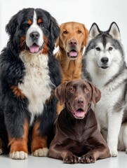 Beautiful group of four friendly dogs posing together for a portrait
