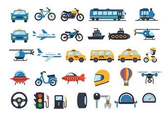 Obraz premium Diverse Travel and Vehicle Icons Collection