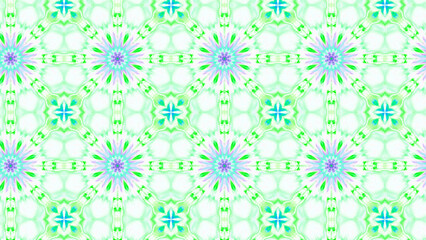 Seamless psychedelic kaleidoscope pattern with neon green, pink and orange mandala symmetry