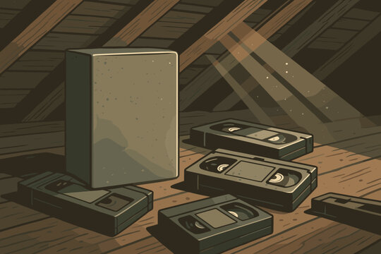Nostalgia around shining attic wooden vector storage rays vhs light illustration through