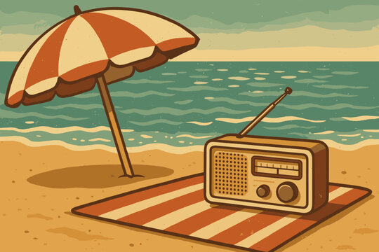 Vibes sand retro scene vector waves radio illustration beach beside shimmering