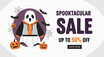 Spooktacular Halloween sale graphic with a cheerful ghost jackolanterns and bats ideal for seasonal promotions