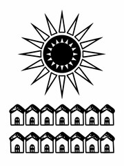 Minimilist illustration of a radiant sun shining over a neighborhood of houses in a simple black and white style vector