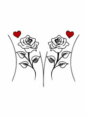 Minimilist two roses with leaves and stems aligned centrally with red hearts on each side in line art style vector