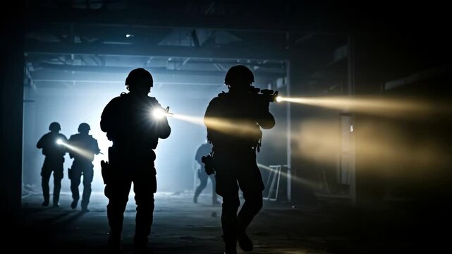 Military soldier team silhouette with flashlight weapons move in dark room tactical raid. Special force operation or counter-terrorism video footage.