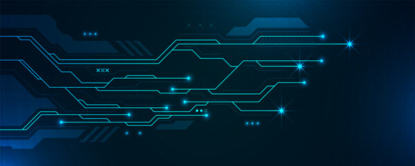 Futuristic digital circuit background with glowing blue data flow lines and binary code representing technology network, communication system, and innovation concept for modern IT design.