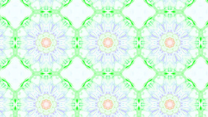 Seamless psychedelic kaleidoscope pattern with neon green, pink and orange mandala symmetry