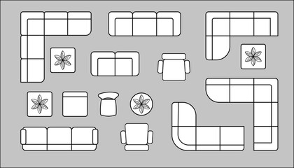 Furniture outline top view,Floor plan icons set for design interior and architectural project.Modern Sofa Set and Living Room Furniture Layout Vector &ndash; Top View Interior Design Elements..