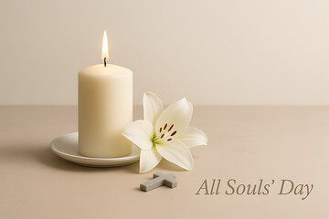 All souls’ day minimalist tribute with burning candle, white lily flower and cross on beige background representing peace, purity and memory