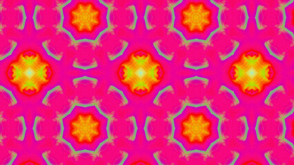 Seamless psychedelic kaleidoscope pattern with neon green, pink and orange mandala symmetry